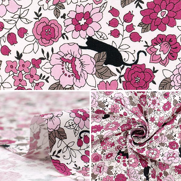 [Cantidad a partir de 5] Tela 『láminas Flores pequeñas y patrón de gato negro rosa yuz-923-1" 【Yuzawayaoriginal】