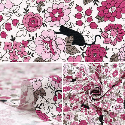 [Cantidad a partir de 5] Tela 『láminas Flores pequeñas y patrón de gato negro rosa yuz-923-1" 【Yuzawayaoriginal】