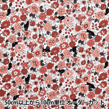 [Cantidad a partir de 5] Tela 『láminas Pequeñas flores y patrón de gato negro rojo yuz-923-3" 【Yuzawayaoriginal】