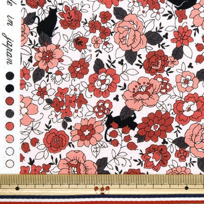 [Cantidad a partir de 5] Tela 『láminas Pequeñas flores y patrón de gato negro rojo yuz-923-3" 【Yuzawayaoriginal】