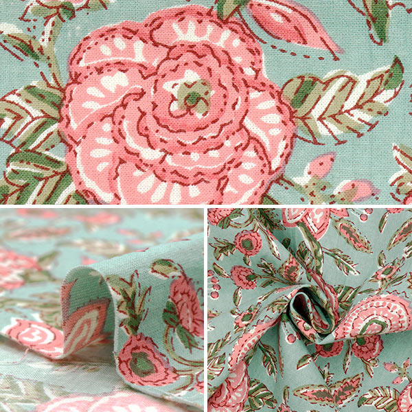 [Quantità a partire da 5] Tessuto "IndiafogliModello floreale stampato verde x rosa Ram-she-25G"