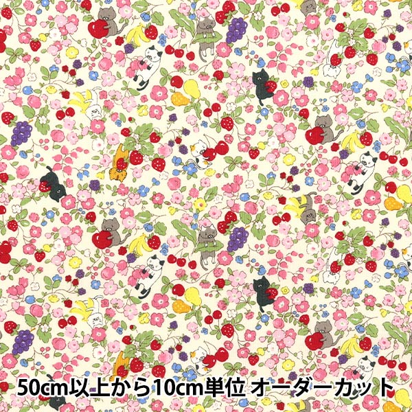 [Quantity starting from 5] Fabric 『Sheeting Cat and Fruity Flower Off-White ACS1100-A" COTTON KOBAYASHI