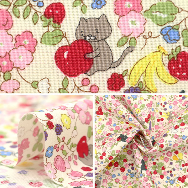 [Quantity starting from 5] Fabric 『Sheeting Cat and Fruity Flower Off-White ACS1100-A" COTTON KOBAYASHI