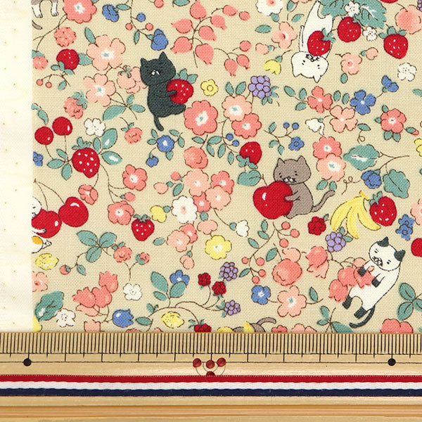 [Quantity starting from 5] Fabric 『Sheeting Cat and Fruity Flower Beige ACS1100-D" COTTON KOBAYASHI