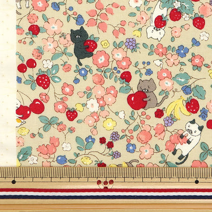 [Quantity starting from 5] Fabric 『Sheeting Cat and Fruity Flower Beige ACS1100-D" COTTON KOBAYASHI