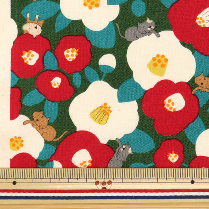 [Quantity starting from 5] Fabric 『Sheeting Tsubaki cat green ACS1102-C" COTTON KOBAYASHI