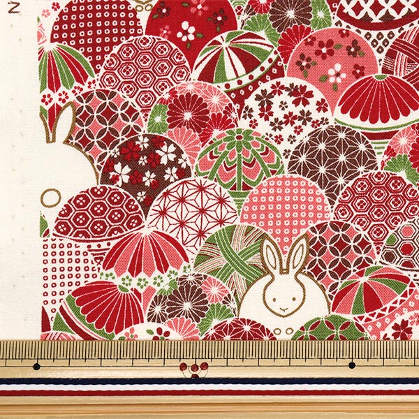 [Quantity starting from 5] Fabric 『Sheeting Temari Rabbit Red ACS1109-B" COTTON KOBAYASHI