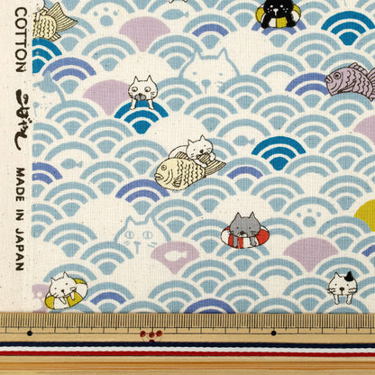 【数量5から】 生地 『シーチング 青海波ねこ サックス ACS1161-A』 COTTON KOBAYASHI コットンこばやし 小林繊維