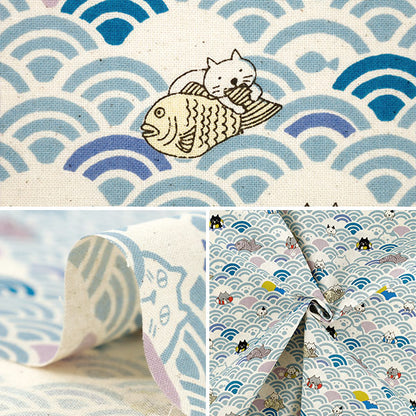 【数量5から】 生地 『シーチング 青海波ねこ サックス ACS1161-A』 COTTON KOBAYASHI コットンこばやし 小林繊維