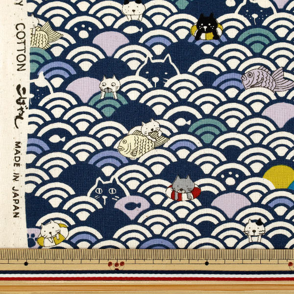 【数量5から】 生地 『シーチング 青海波ねこ ネイビー ACS1161-C』 COTTON KOBAYASHI コットンこばやし 小林繊維