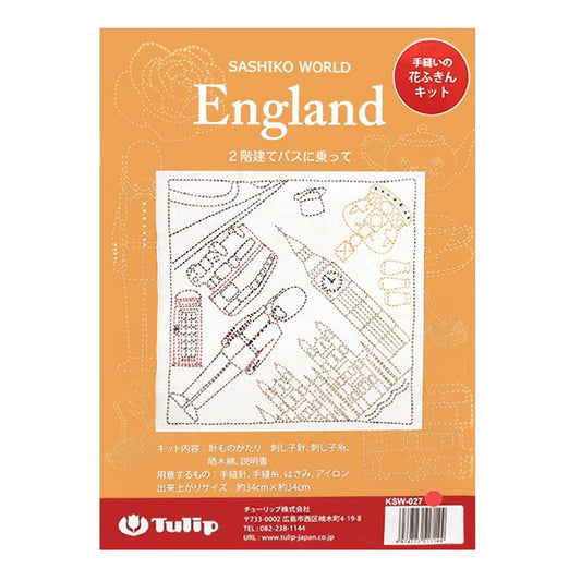 طقم تطريز "طقم مناشف أطباق الزهور مخيط يدويًا SASHIKO WORLD England على حافلة ذات طابقين KSW-027" توليب توليب