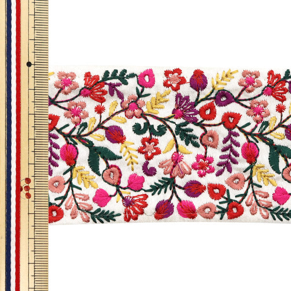 [5부터 시작하는 수량] 수예브레이드 "2024 인도 자수 브레이드 흰색 x 레드 2077e"