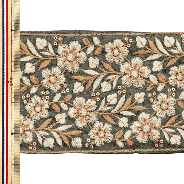 [Quantité à partir de 5] artisanatGarniture "2022 Garniture de broderie indienne Kaki x beige 113d"