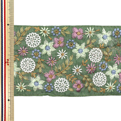 [5부터 시작하는 수량] 수예브레이드 『인도 자수 브레이드 대략 9.5cm 너비의 녹색 M-532A4"