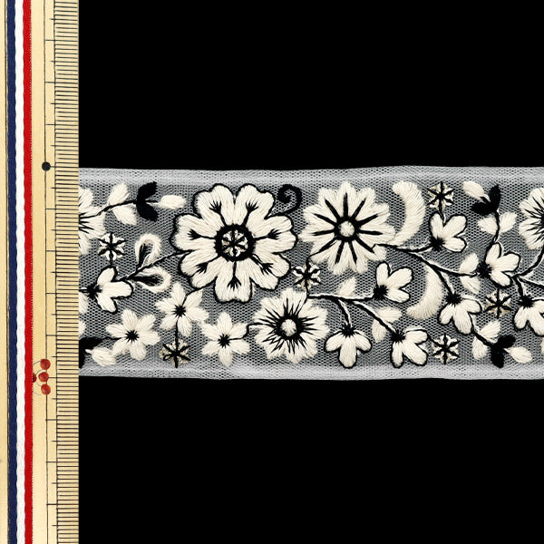 [Cantidad a partir de 5] artesaníasRibete 『Ribete bordado indio Aprox. 5 cm de ancho blanco x negro M-647d"