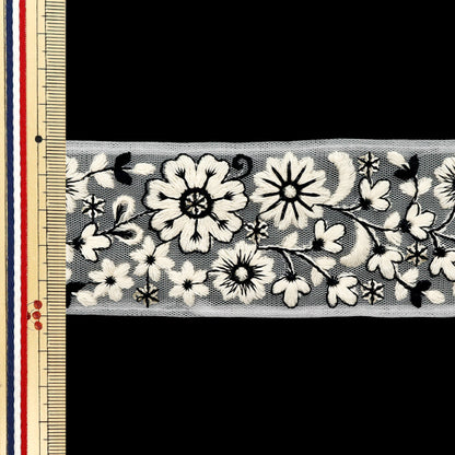 [Cantidad a partir de 5] artesaníasRibete 『Ribete bordado indio Aprox. 5 cm de ancho blanco x negro M-647d"