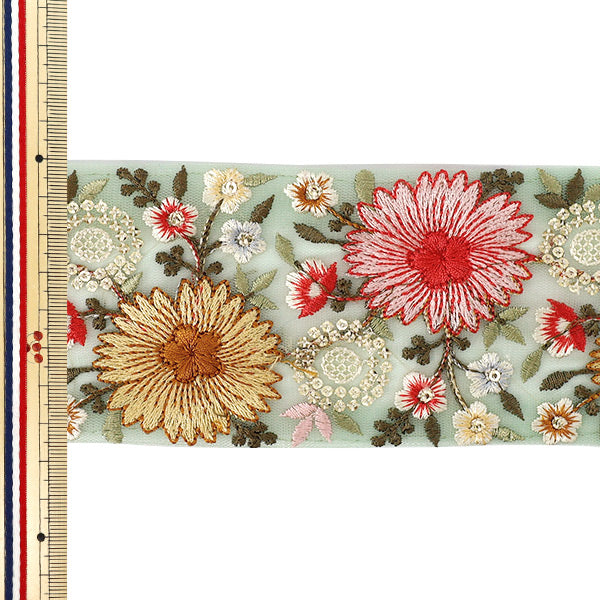 [Quantité à partir de 5] ArtisanatGarniture "2024 Garniture de broderie indienne Environ 7,5 cm de largeur Vert x Orange M-175A"