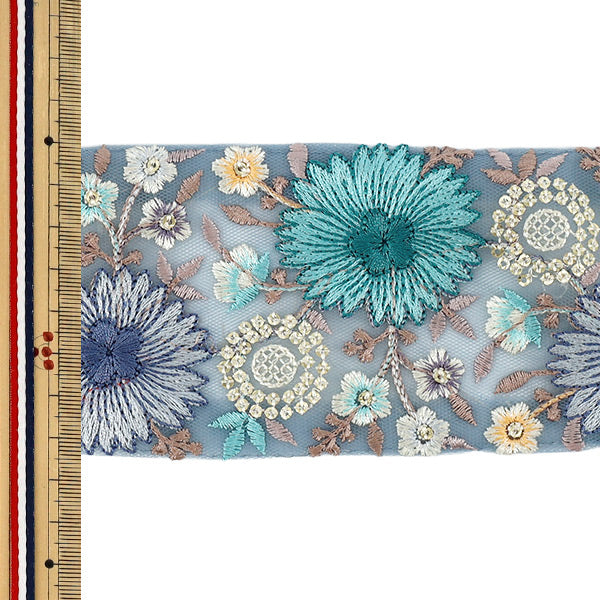 [Quantité à partir de 5] ArtisanatGarniture 『2024Garniture de broderie indienne Environ 7,5 cm de largeur Bleu M-175B”