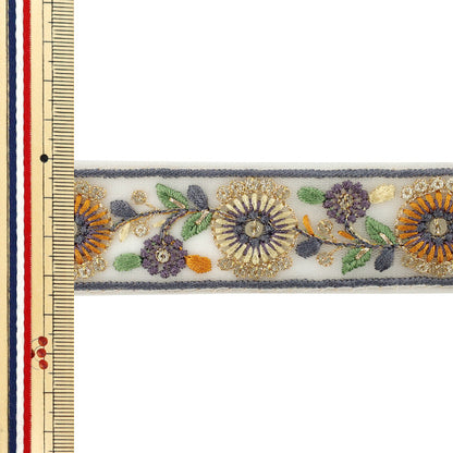 [Quantity starting from 5] HandicraftsTrim "2025 Indian embroidery trim Approx. 3.5cm wide, beige x purple M-1289A"