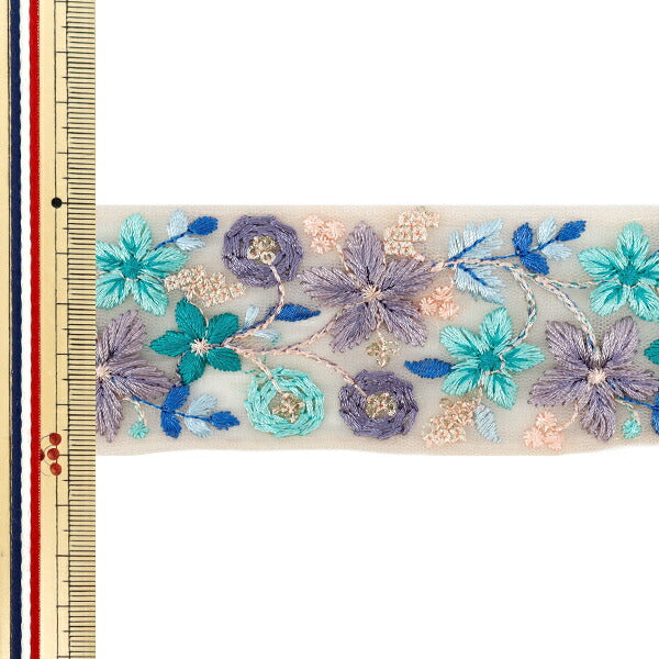 【数量5から】 手芸ブレード 『2025 インド刺繍ブレード 約5cm幅 ピンクベージュ×グリーン M-879D』