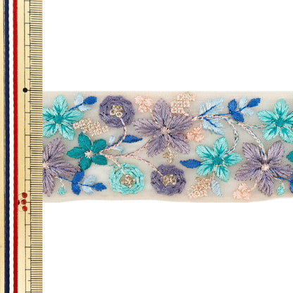 【数量5から】 手芸ブレード 『2025 インド刺繍ブレード 約5cm幅 ピンクベージュ×グリーン M-879D』