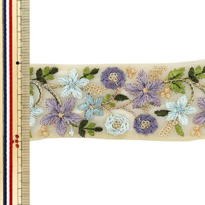 【数量5から】 手芸ブレード 『2025 インド刺繍ブレード 約5cm幅 ベージュ×グリーン M-879I』