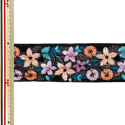 [Quantité à partir de 5] ArtisanatGarniture "2025 Garniture de broderie indienne Environ 5 cm de largeur Noir x Orange M-879G"