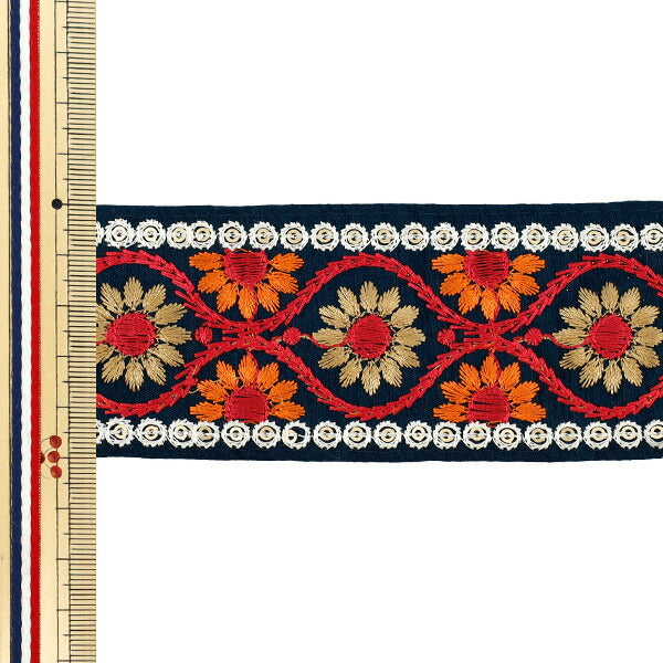 【数量5から】 手芸ブレード 『2025 インド刺繍ブレード 約5cm幅 グリーン×オレンジ M-953C』