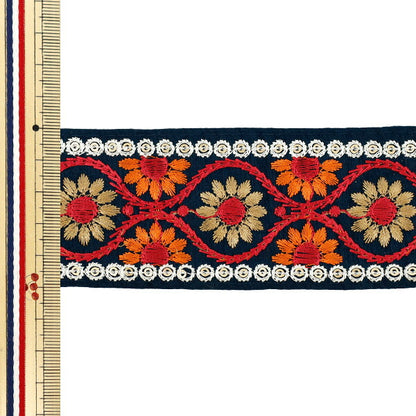 【数量5から】 手芸ブレード 『2025 インド刺繍ブレード 約5cm幅 グリーン×オレンジ M-953C』