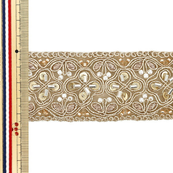 [Menge ab 5] KunsthandwerkBesätze "2025 Indischer Stickereibesatz Ca. 4,5 cm breit, beige x Gold 47996c"