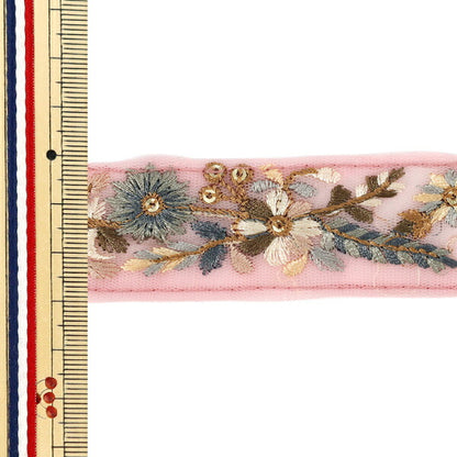 [Menge ab 5] KunsthandwerkBesätze "2025 Indischer Stickereibesatz Ca. 3 cm breit rosa x grau M-1002c"