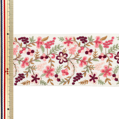 [Quantité à partir de 5] ArtisanatGarniture "2023 Garniture de broderie indienne Environ 7 cm de largeur Blanc x Rose 3969C"