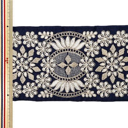 [Quantité à partir de 5] ArtisanatGarniture "2025 Garniture de broderie indienne Environ 11 cm de largeur Marine x Blanc M-1241#6"