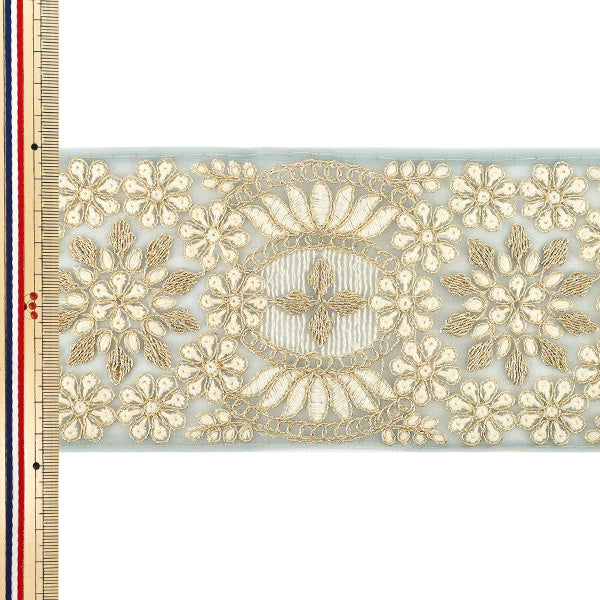 【数量5から】 手芸ブレード 『2025インド刺繍ブレード 約9.5cm幅 ブルーグレー M-1241F』
