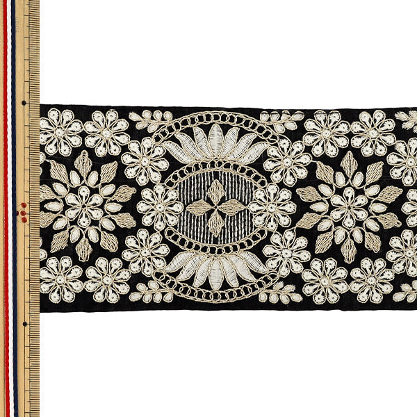 [Quantité à partir de 5] ArtisanatGarniture 『2025Garniture de broderie indienne Environ 9,5 cm de largeur noir x or M-1241#3''