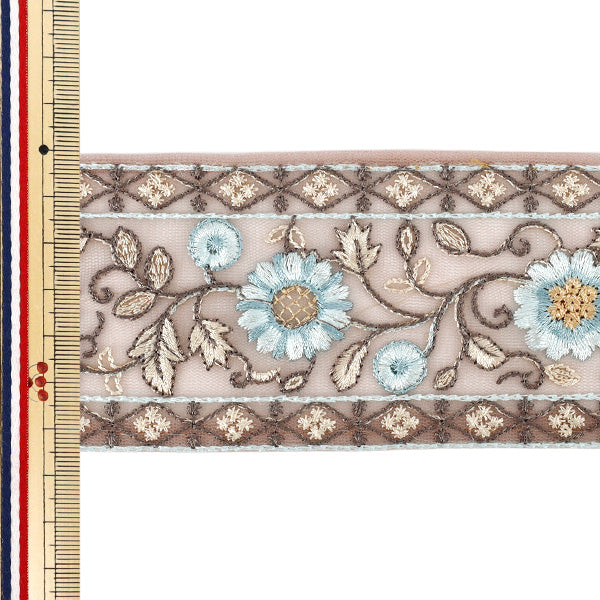 【数量5から】 手芸ブレード 『2025 インド刺繍ブレード 約6.5cm幅 ベージュ×ブルー M-1461-H』