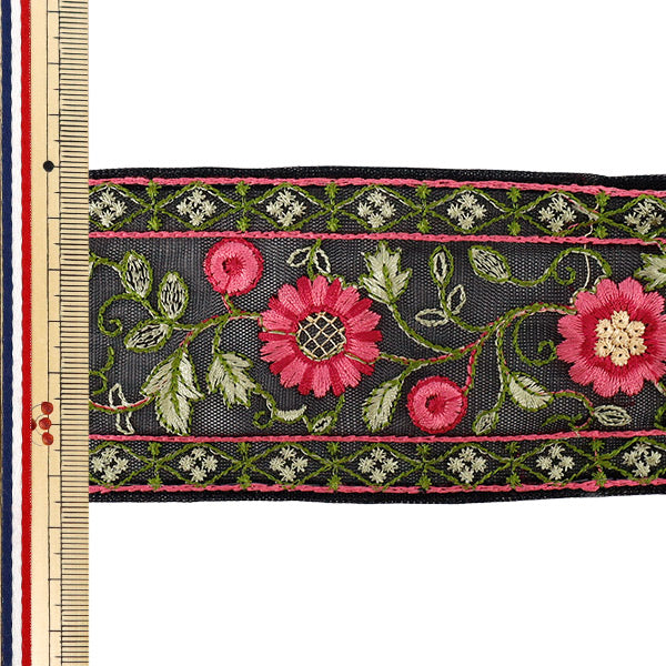【数量5から】 手芸ブレード 『2025 インド刺繍ブレード 約6.5cm幅 ブラック×ピンク M-1461-K』
