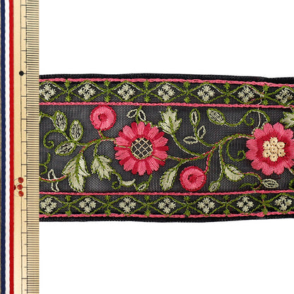 【数量5から】 手芸ブレード 『2025 インド刺繍ブレード 約6.5cm幅 ブラック×ピンク M-1461-K』
