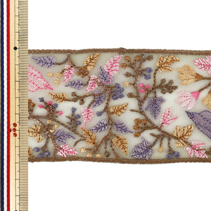 【数量5から】 手芸ブレード 『2025 インド刺繍ブレード 約7cm幅 グレー×ピンク M-1462-G』