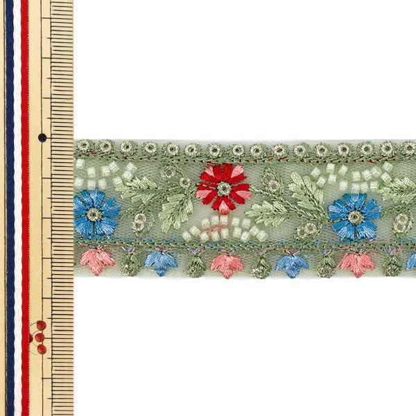 【数量5から】 手芸ブレード 『2025 インド刺繍ブレード 約3.5cm幅 グリーン M-1467-B』