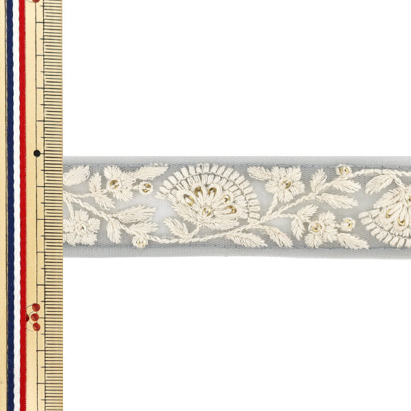 【数量5から】 手芸ブレード 『2025インド刺繍ブレード 約3.2cm幅 グレー×ホワイト M-1091C』