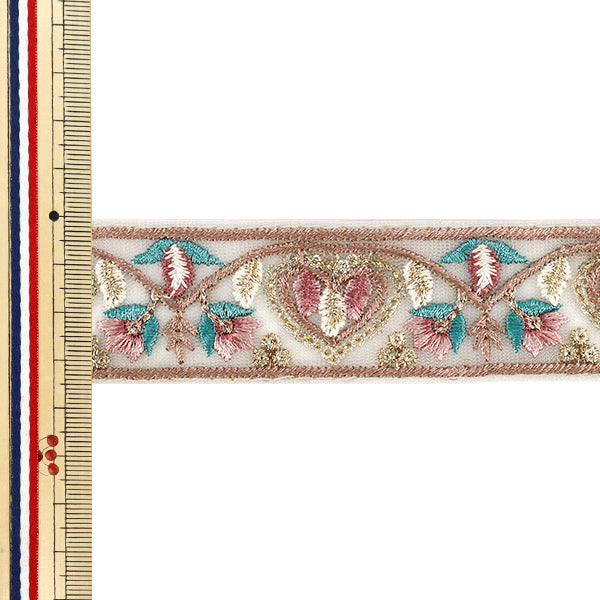 【数量5から】 手芸ブレード 『2025インド刺繍ブレード 約3.5cm幅 ホワイト×ピンク M-1293F』