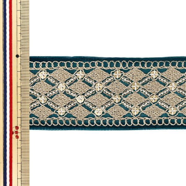 【数量5から】 手芸ブレード 『2025インド刺繍ブレード 約4.8cm幅 グリーン×ゴールド M-1334F』
