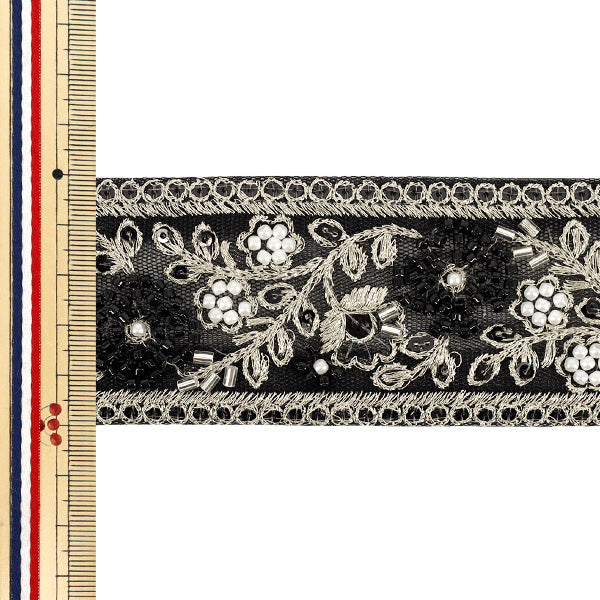 【数量5から】 手芸ブレード 『2025インド刺繍ブレード 約5cm幅 ブラック×ホワイト 48346A』