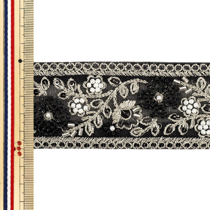 【数量5から】 手芸ブレード 『2025インド刺繍ブレード 約5cm幅 ブラック×ホワイト 48346A』