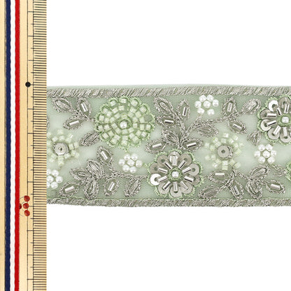 【数量5から】 手芸ブレード 『2025インド刺繍ブレード 約5cm幅 グリーン×ホワイト 48363D』