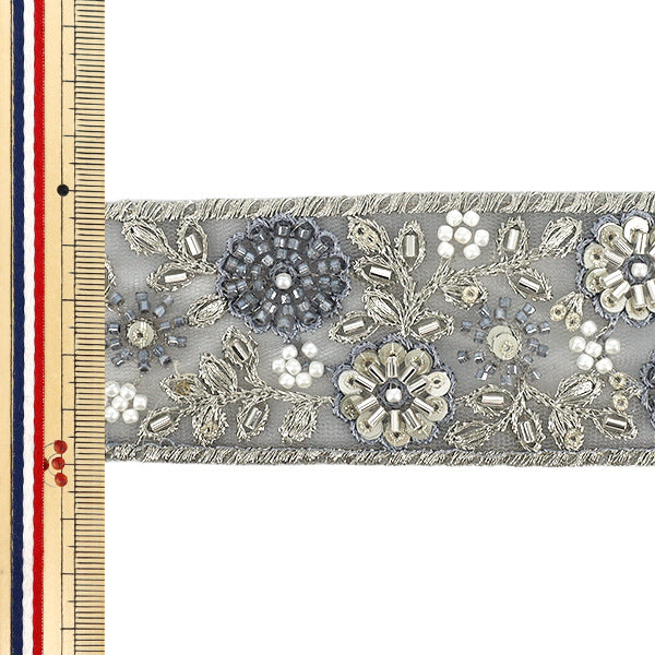 【数量5から】 手芸ブレード 『2025インド刺繍ブレード 約5cm幅 グレー×ホワイト 48363H』