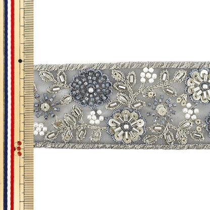 【数量5から】 手芸ブレード 『2025インド刺繍ブレード 約5cm幅 グレー×ホワイト 48363H』
