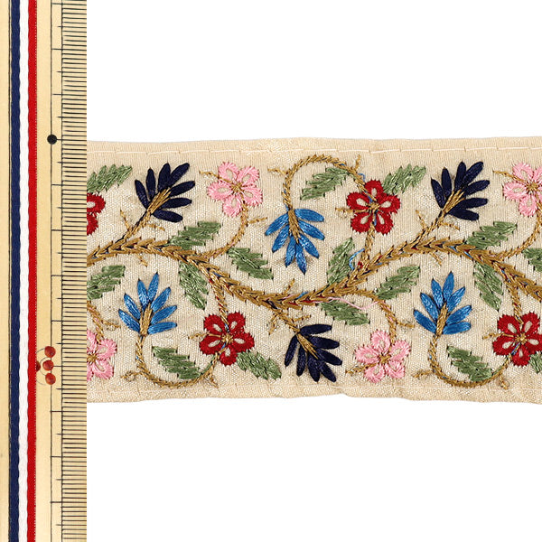 【数量5から】 手芸ブレード 『2025インド刺繍ブレード 約5.8cm幅 ベージュ×ブルー M-5004B』