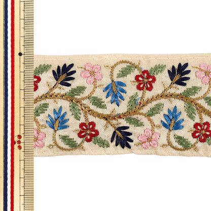 【数量5から】 手芸ブレード 『2025インド刺繍ブレード 約5.8cm幅 ベージュ×ブルー M-5004B』